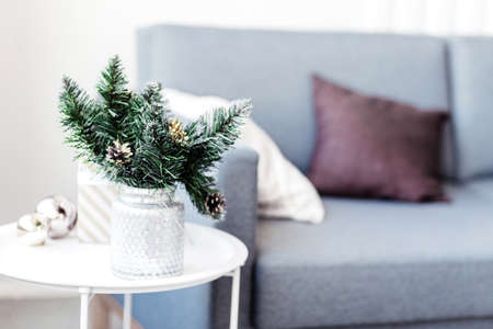 A vase with Christmas tree branches stands on the table next to the blue sofa. Photoの写真素材