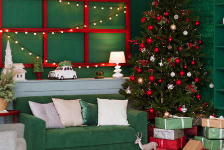 Festive decorated empty stylish living room with standing evergreen Christmas tree with lights...