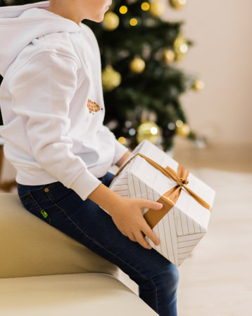A boy in a white sweater sits on a sofa against the background of a Christmas tree with a New Year gift in his handsの写真素材
