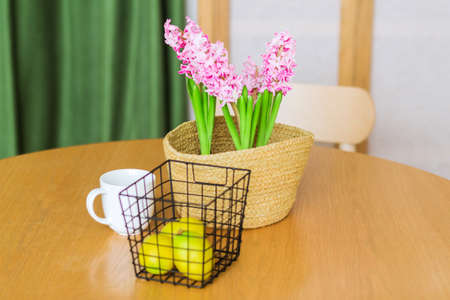 A wicker vase with hyacinth, lemons in a metal vase and a white cup stand on the table in front of a green curtainの写真素材
