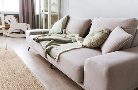 Gray sofa with pillows and a blanket in the interior of the room. Photoの写真素材