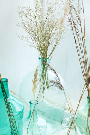 Vintage glass vases with  dried grass. Trendy interior decoration.  Cozy home with dried fluffy plants.の写真素材