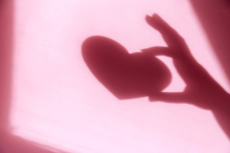 Concept modern abstract background of shadow heart in hand on a pink wall. Horizontal photoの写真素材