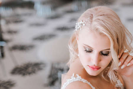 Close-up portrait of a beautiful bride blond woman.の写真素材