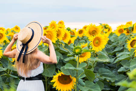 Beautiful young woman wear straw hat and relaxing in a field of sunflowers in a white dress. in the summer in the long holiday. Summer season and freedom conceptの写真素材