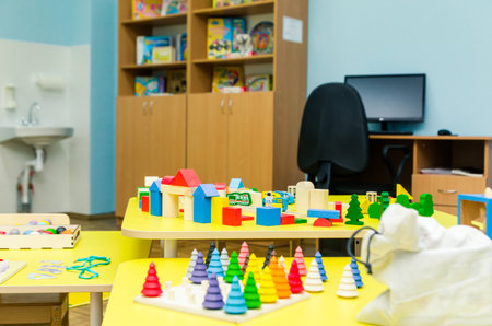 Room in kindergarten for educational and educational games. Horizontal photo. Minsk, Belarus- April 10, 2022のeditorial素材