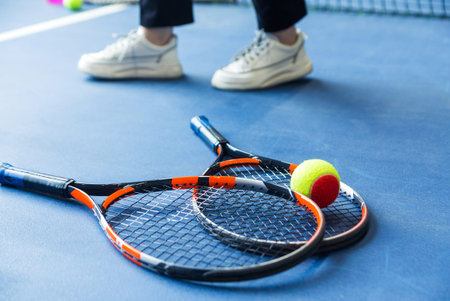 Children's Tennis ball and Tennis Rackets on tennis court. Horizontal photo