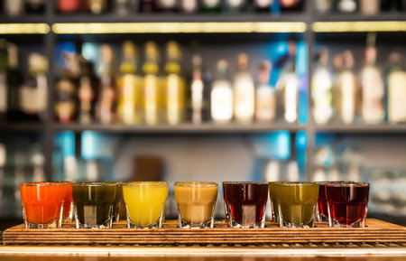 Colourful set of alcoholic cocktails in shot glasses shooters for an alcoholic party. Set of different colorful natural fruit alcoholic tinctures. Horizontal photoの写真素材