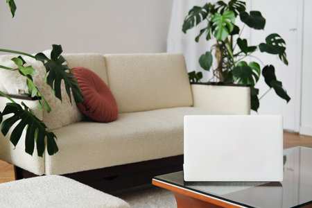 Living room interior design. There is a laptop on a glass table next to a light sofa and a monstera. Nobody in the roomの写真素材