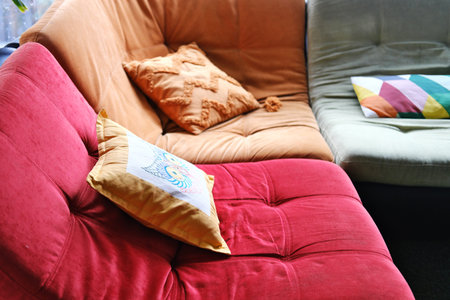 Multi-colored corner sofa in the interior of the room. Horizontal photoの写真素材