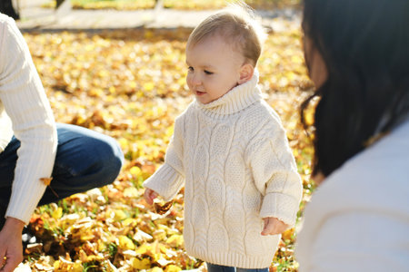 Family and spend time in autumn park in sunny weather. Parents look at their little son. Horizontal...
