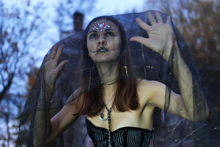 A mysterious Gothic woman in ain a black dress with a corset, her head is covered with a black veil....