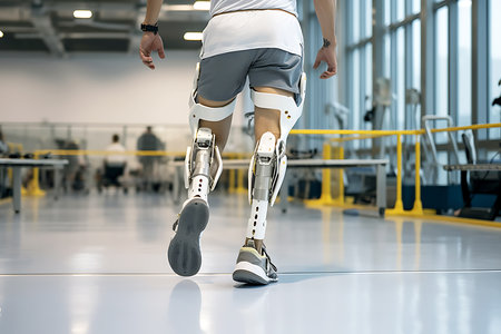 A disabled man with prosthetic legs trains in a rehabilitation center. Legs close up. Horizontal photoの素材