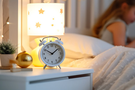 The child lies in bed, next to the nightstand there is a clock and shows late time. The concept of children's sleep schedule. Horizontal photoの素材
