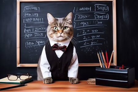 The cat teacher in a white shirt and vest poses against the background of a dark school board and a desk. Horizontal photoの素材