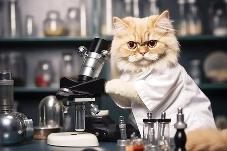 Cat professor posing in the laboratory near the microscope. Horizontal photoの素材