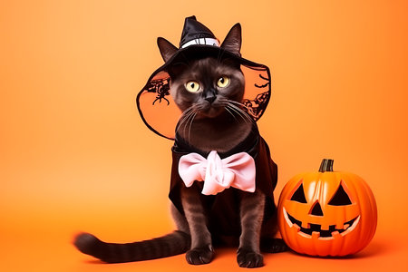 A black cat in a witch's hat and cape poses on an orange background next to a pumpkin. Horizontal photoの素材