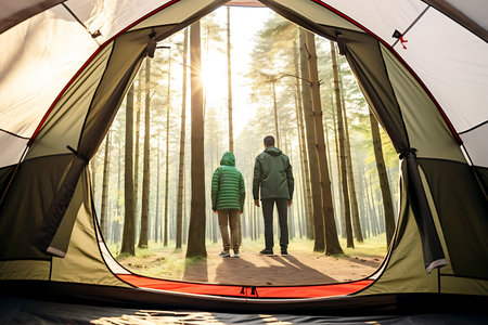 Weekend with a tent in the forest. A man and a woman are walking and enjoying the view of nature. View from the back, inside the tent. horizontal photoの素材