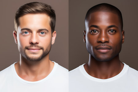 Two portraits in one photo. Caucasian and African American man posing against a brown background in white t-shirts. horizontal photoの素材
