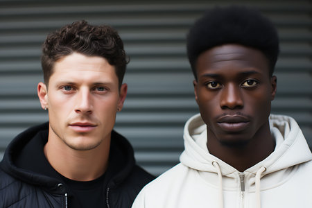 Two young Caucasian and African American men in white and black sportswear pose on the street. young men looking at the camera. horizontal photoの素材