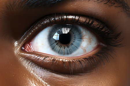 Close-up photo of an African American male's eye after cosmetic keratopigmentation with a femtosecond laser. Brown eyes changed to blue. horizontal photoの素材