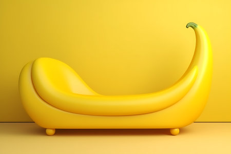 Yellow sofa in the form of a banana on a yellow background, 3D. horizontal photoの素材