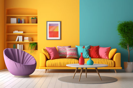 Bright multicolored modern living room interior with sofa, armchair and tableの写真素材
