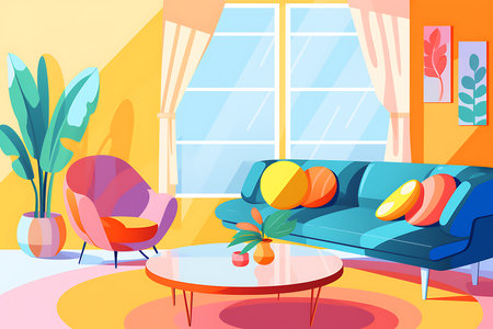Bright multicolored modern living room interior with pink armchair, blue sofa, table and yellow wallsの写真素材