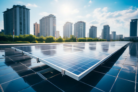 Solar panels on the background of the city. The concept of providing the city with electricity through the operation of solar panels. horizontal photoの素材