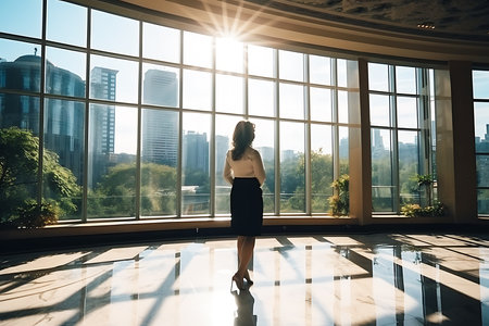 An adult girl stands inside a building near solar windows or transparent solar panels. horizontal photoの素材