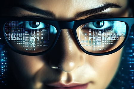 Close up of a beautiful girl's eyes with glasses while she is working with a computer and dates. Concept: Future, technology, work. horizontal photoの素材