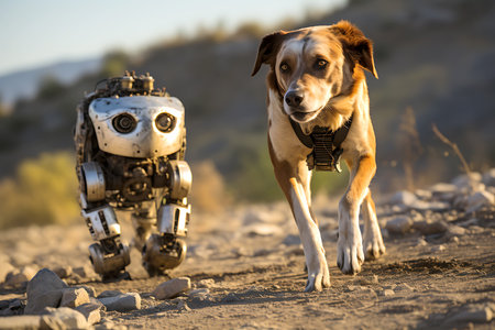 A large dog and a robot dog move together along a road in a hilly area during the daytime. horizontal photoの素材
