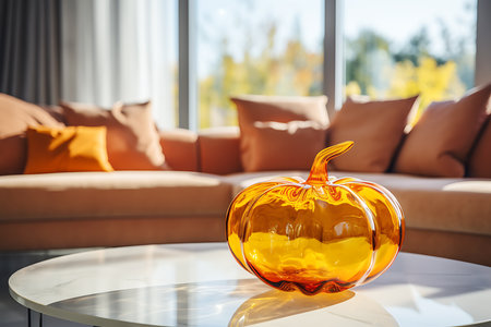 Orange glass pumpkin on the coffee table in the living room. The room is illuminated by bright sunlight. horizontal photoの素材
