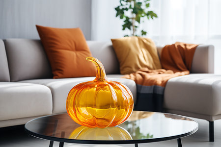 Orange glass pumpkin on the coffee table in the living room. Daylight illuminates the room. horizontal photoの素材