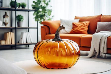 Large orange glass pumpkin on a rug in the living room. Daylight illuminates the room. horizontal photoの素材