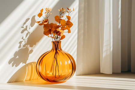 A glass vase in the shape of an orange pumpkin stands against the background of a white wall illuminated by sunlight. horizontal photoの素材