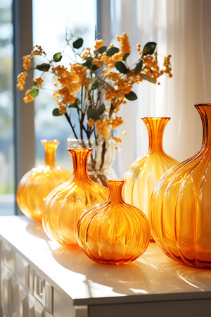 Several transparent glass vases in the form of an orange pumpkin stand on the table illuminated by the sun's rays. Vertical photoの素材