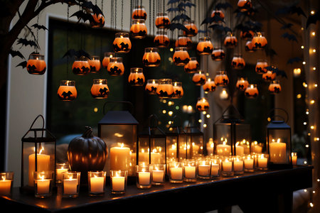 The interior of the room is decorated with many burning candles. Candles are on the table and hanging above the table. horizontal photoの素材