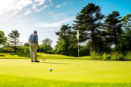 An elderly man plays golf enthusiastically on a green course. The man stands with his back to the camera.の写真素材