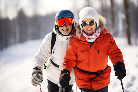 An elderly couple poses on a snowy slope in ski equipment. horizontal photoの素材