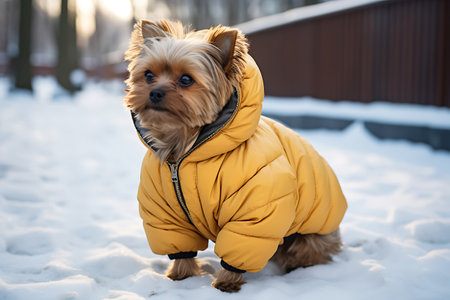 Yorkshire terrier in a warm yellow jacket posing on a snowy street. horizontal photoの素材