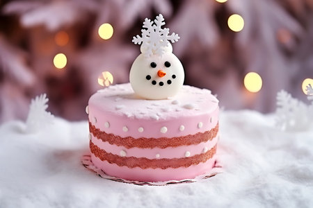 Christmas pink cake decorated with snowflake and snowman. horizontal photoの素材