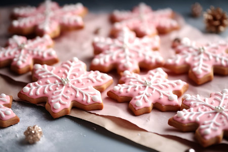 Christmas cookies in the shape of a pink snowflake. horizontal photoの素材