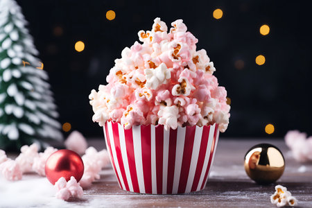 Christmas popcorn in a striped basket on a dark background with bokeh. horizontal photoの素材