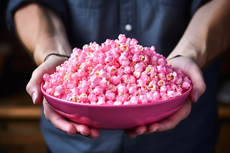 Plate with pink Christmas popcorn in human hands. horizontal photoの素材