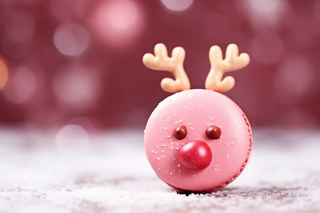 Christmas macaron in the shape of a pink Christmas reindeer. horizontal photoの素材