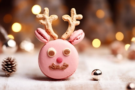 Christmas macaron in the shape of a pink Christmas reindeer. horizontal photoの素材