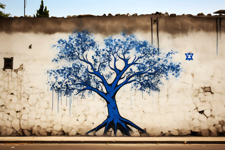 Graffiti in the form of a blue tree on the wall of an Israeli house. horizontal photoの素材