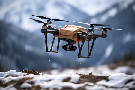 A drone flies through the snowy mountains and delivers an order. horizontal photoの素材