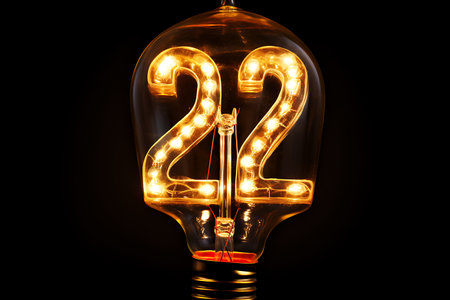 Number 22 cover crafted from elegant golden numbers with chic lamps on a dark background inside an incandescent lamp. horizontal photoの素材